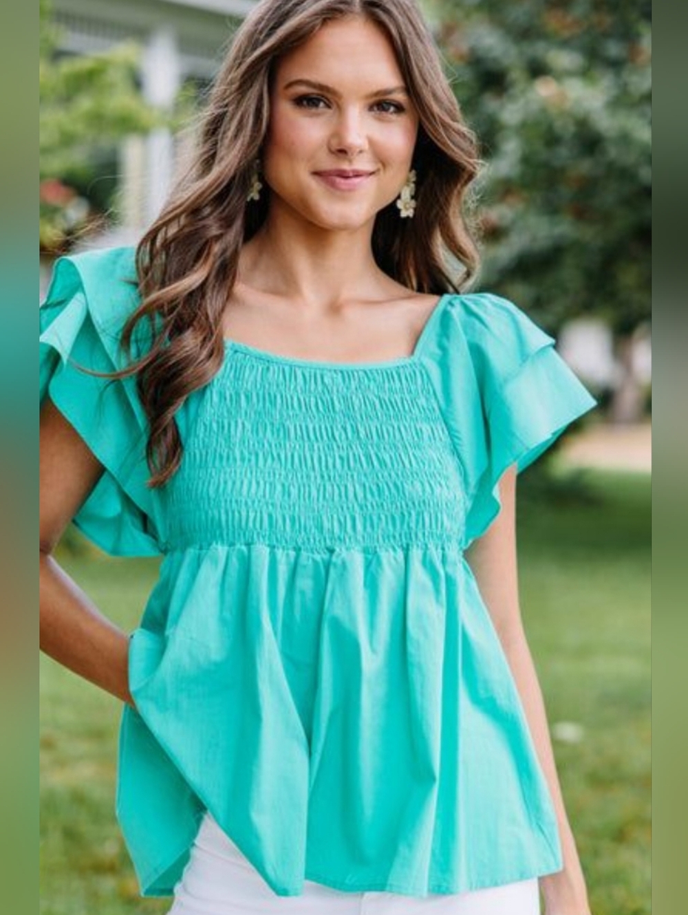 EUC Umgee "100% Cotton🙌🏻Smocked Bust, Ruffle Sleeves Babydoll Top" Jade Sz 1XL